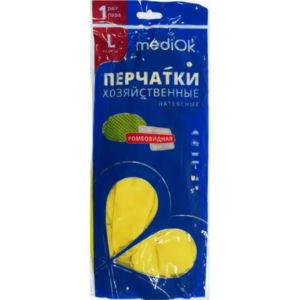 Перчатки латексные, хозяйственные, желтые, Медиок размер L, 30гр 240/12 (М)